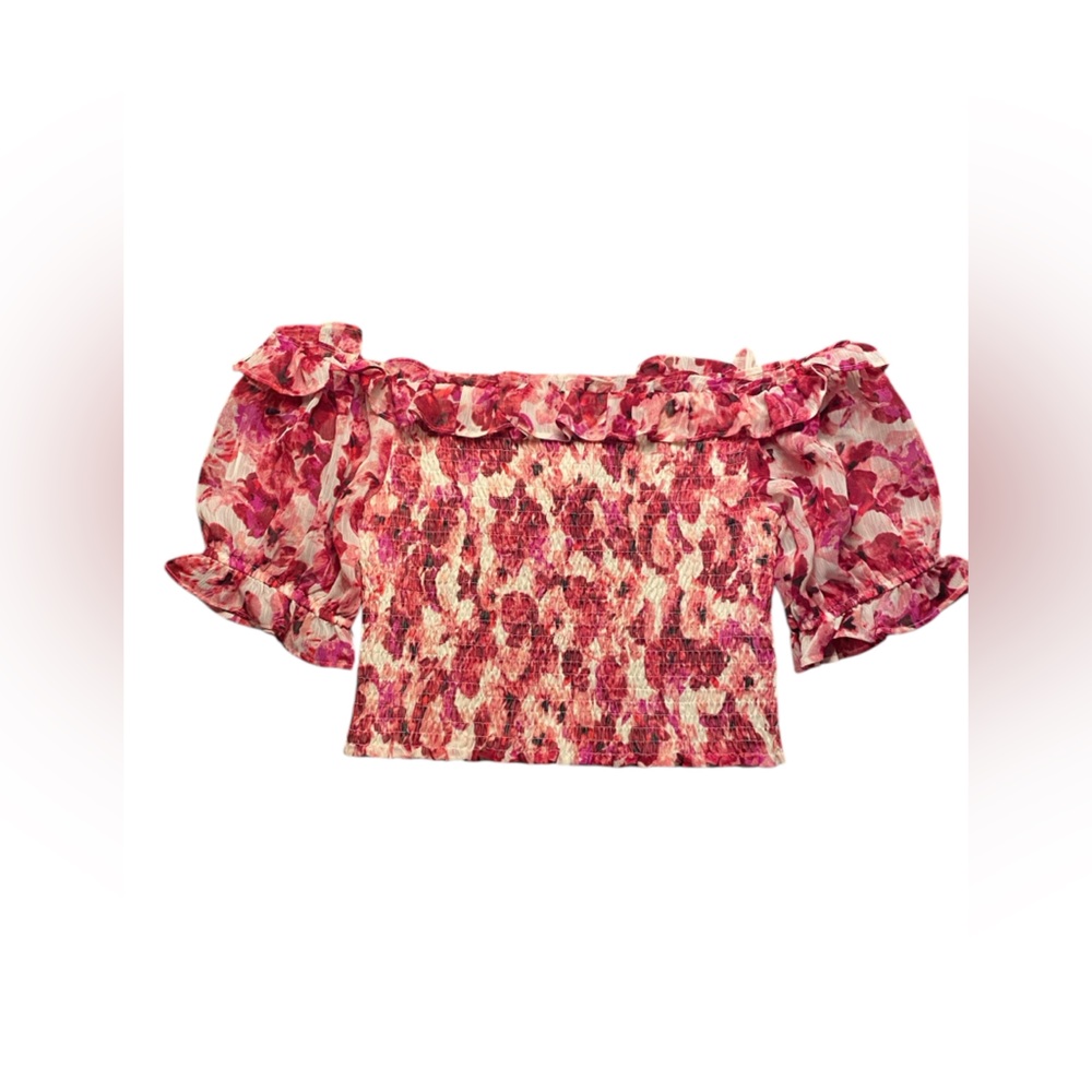 VTG Y2K Express Floral Mini Ruffle Pink off shoulder Red Crop Top XS